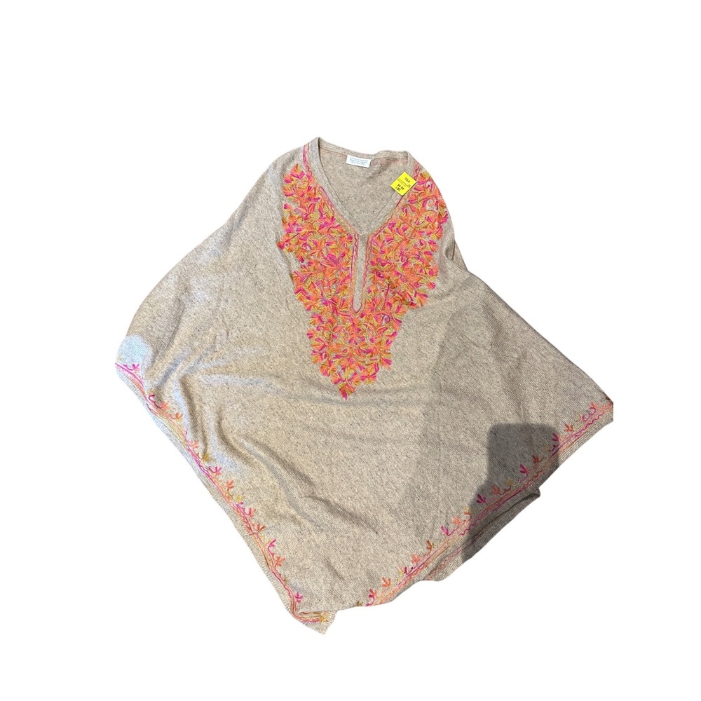 Cashmere Poncho Embroidered Floral Beige Pink Orange Womens